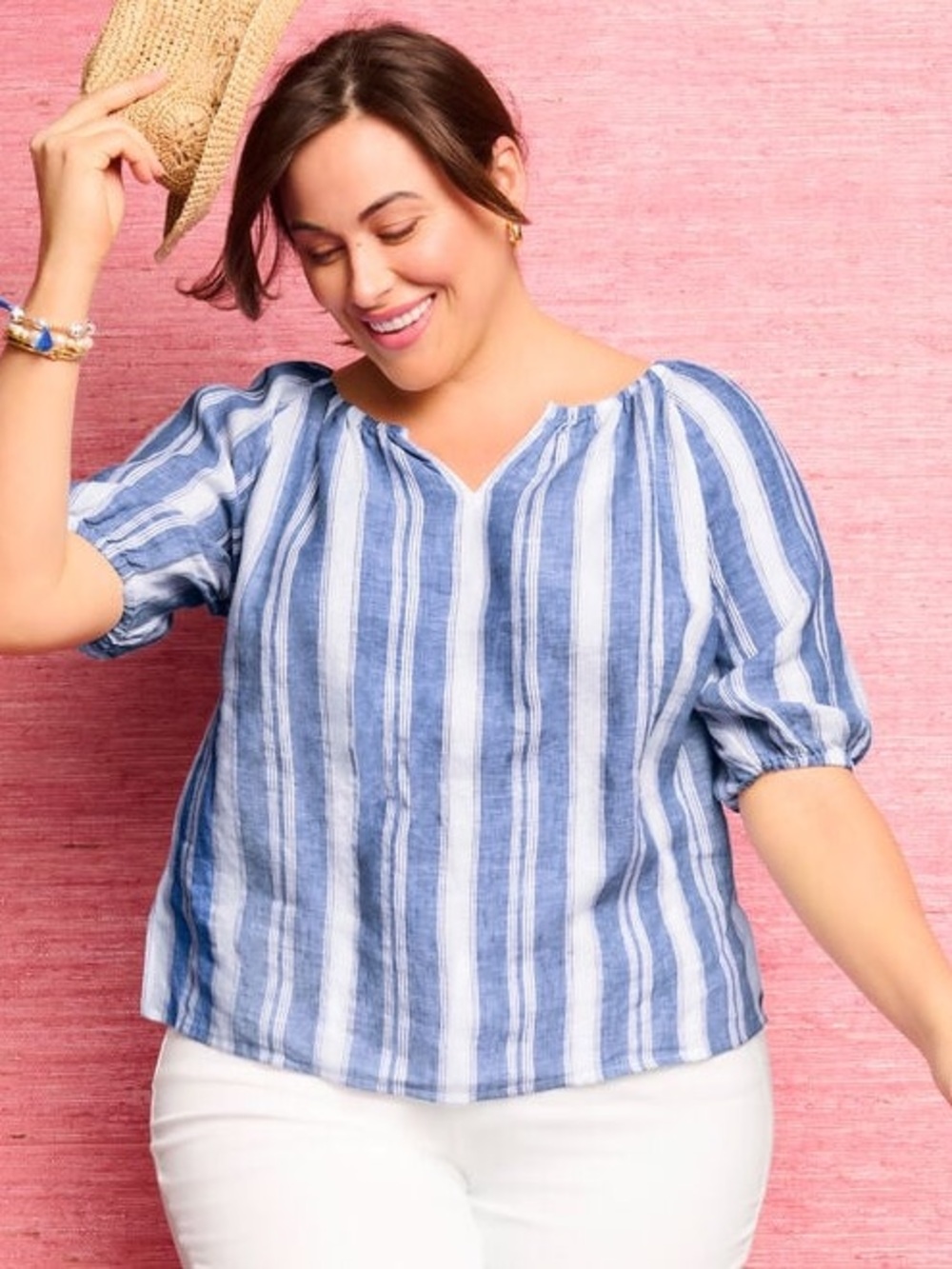 Talbots linen popover dreamy striped Blue & White Striped V-Neck blouse 1X